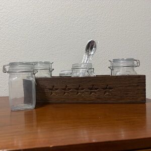 Wooden Caddy with Glass Jars and Spoon